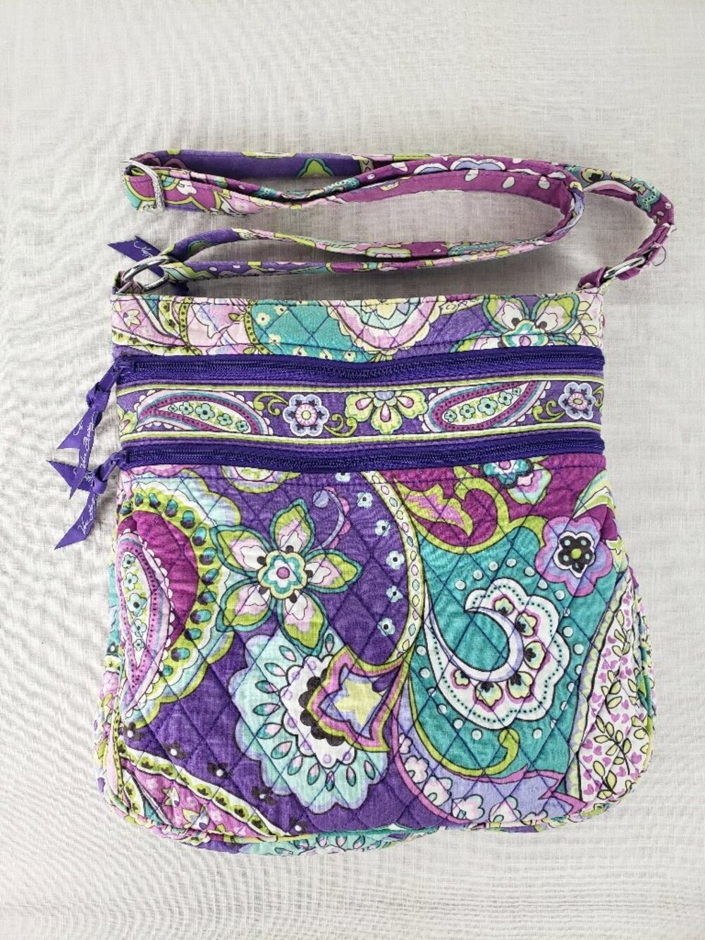Vera Bradley Heather Purple Paisley Triple Zip Crossbody Hipster Purse Bag